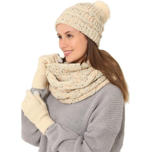 3pcs Women's Winter Beanie Hat Scarf and Touch Screen Gloves Set - Picture 1 of 5